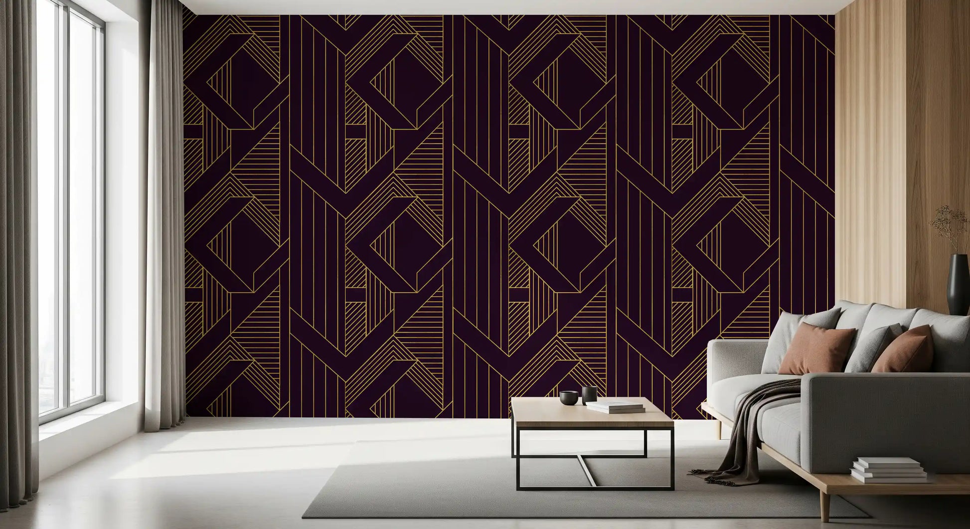 Vertical and diagonal stripe motifs in gold on purple wallpaper., GD10638