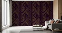 Vertical and diagonal stripe motifs in gold on purple wallpaper., GD10638