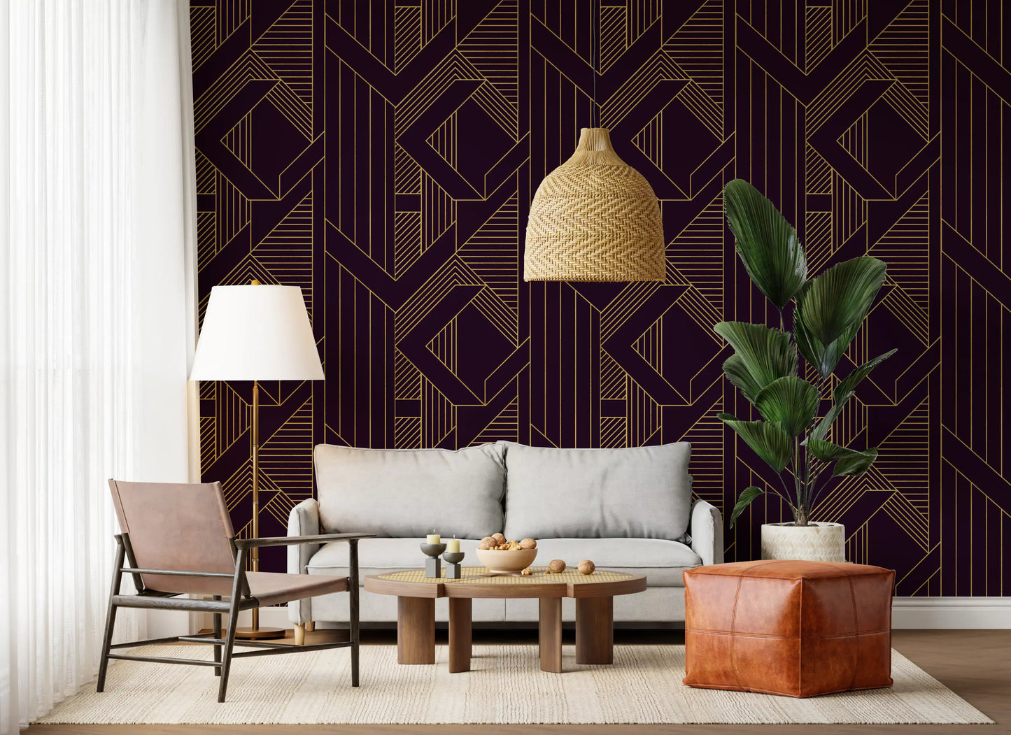 Deco-era geometric wallpaper in metallic gold over rich purple surface., GD10638
