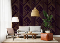 Deco-era geometric wallpaper in metallic gold over rich purple surface., GD10638