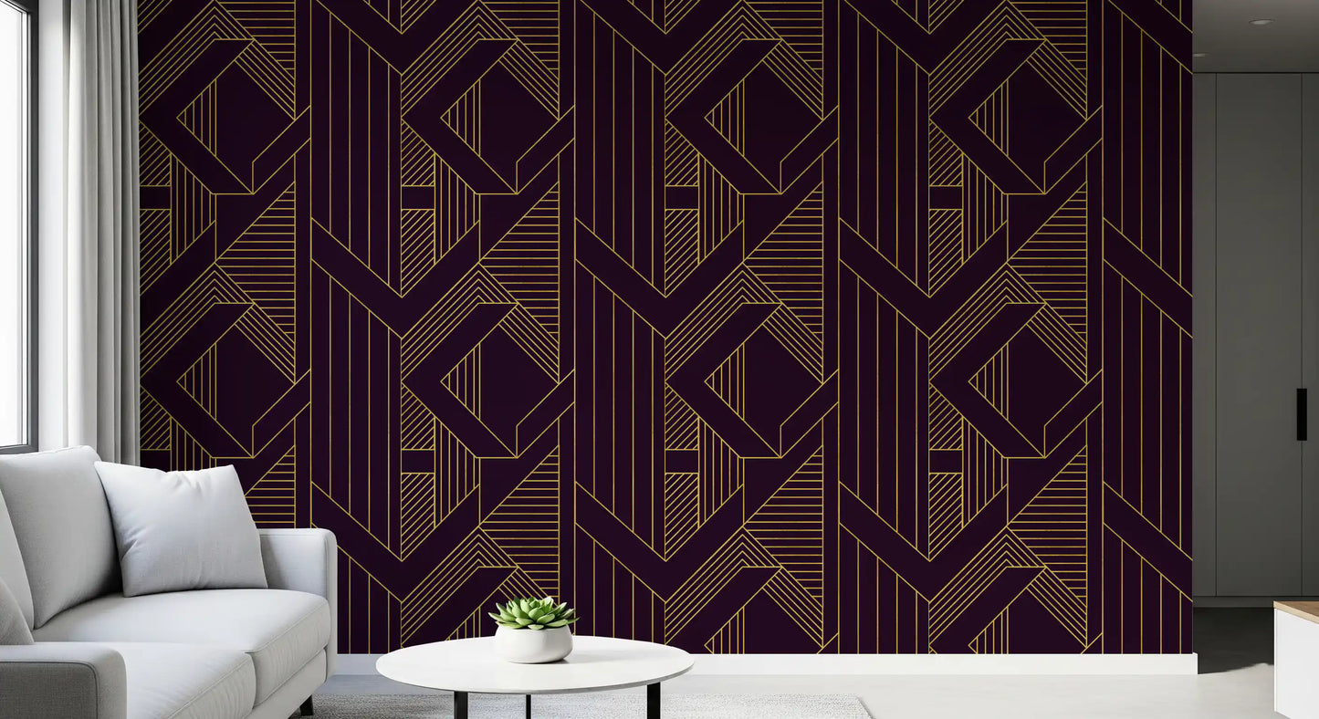 Interlocking rhombus and triangle wallpaper in gold on purple base., GD10638