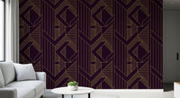 Interlocking rhombus and triangle wallpaper in gold on purple base., GD10638