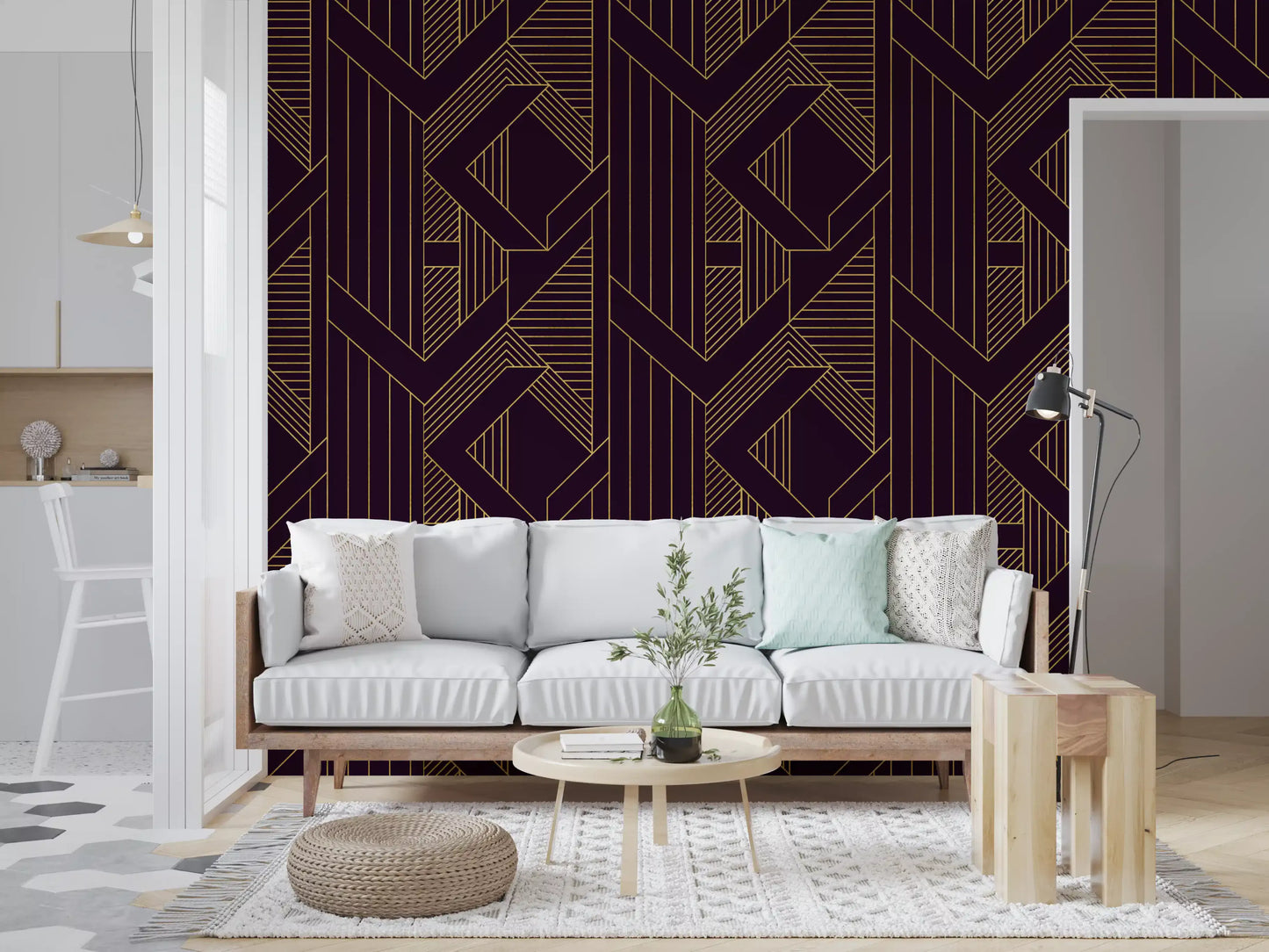 Repeating diamond frame pattern outlined wallpaper in gold on plum surface., GD10638