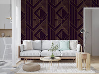Repeating diamond frame pattern outlined wallpaper in gold on plum surface., GD10638