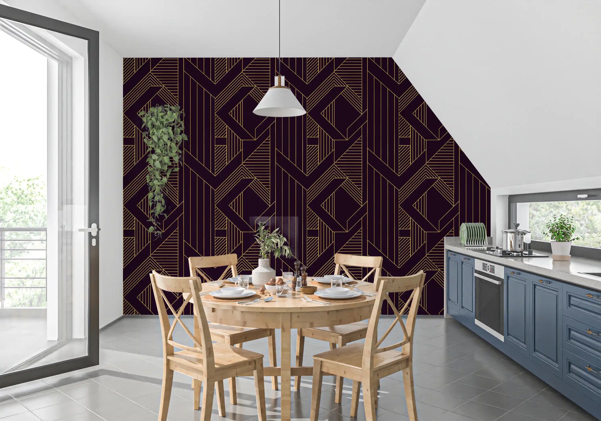 Layered geometric shapes wallpaper in purple and gold tones., GD10638
