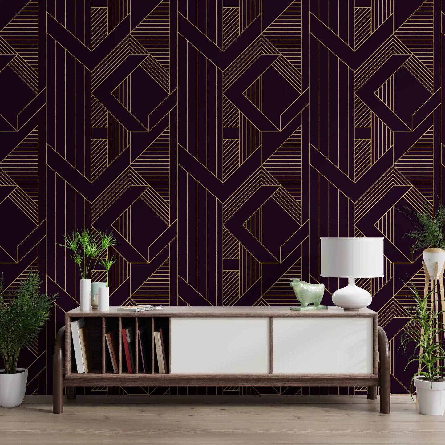 Purple and gold geometric wallpaper showing the repeat layout in hallway., GD10638