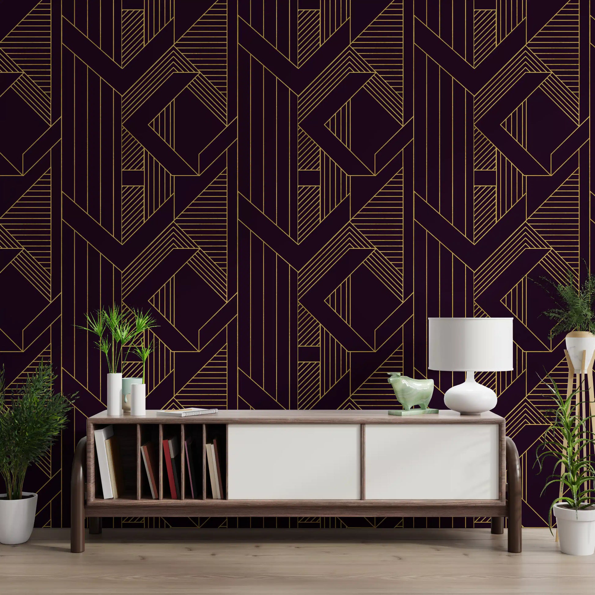 Purple and gold geometric wallpaper showing the repeat layout in hallway., GD10638