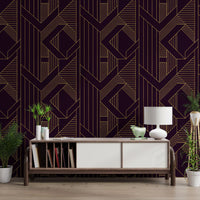 Purple and gold geometric wallpaper showing the repeat layout in hallway., GD10638