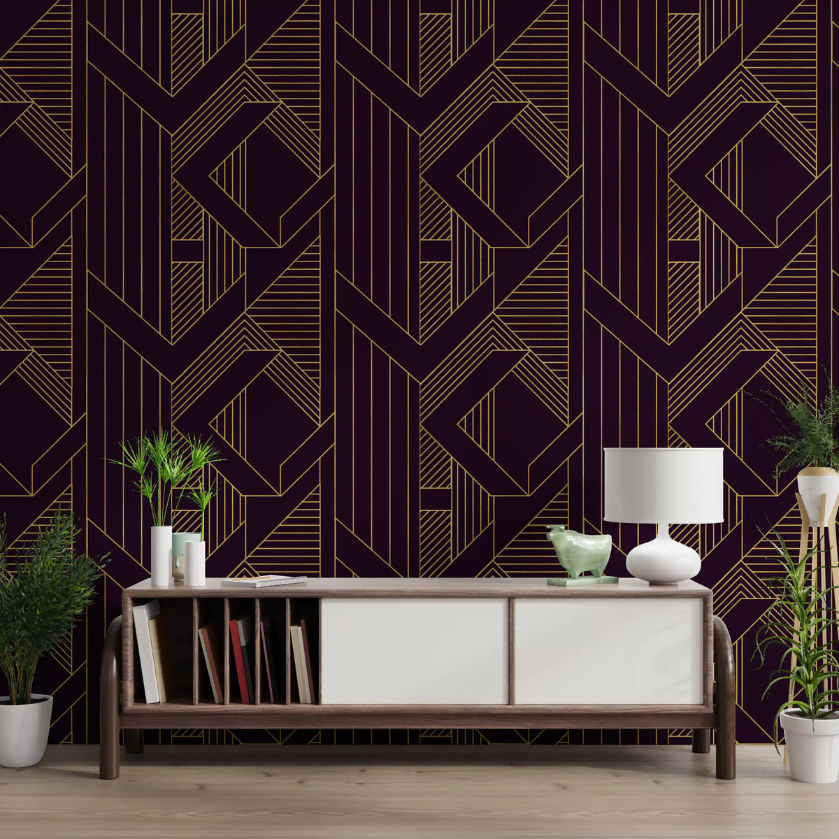 Purple and gold geometric wallpaper showing the repeat layout in hallway., GD10638