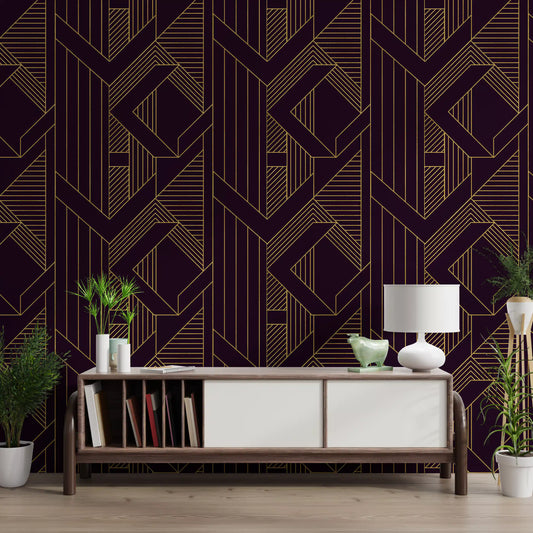 Purple and gold geometric wallpaper showing the repeat layout in hallway.