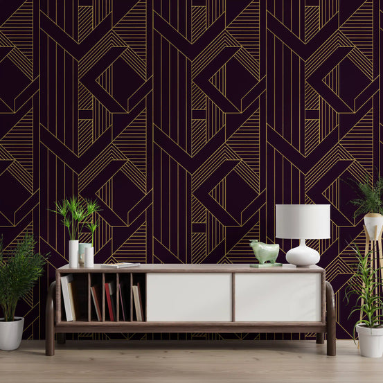 Purple and gold geometric wallpaper showing the repeat layout in hallway., GD10638