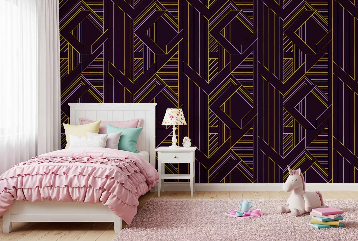Kids bedroom wall featuring purple and gold geometric wallpaper., GD10638