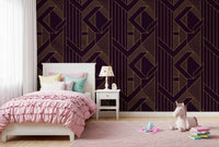 Kids bedroom wall featuring purple and gold geometric wallpaper., GD10638
