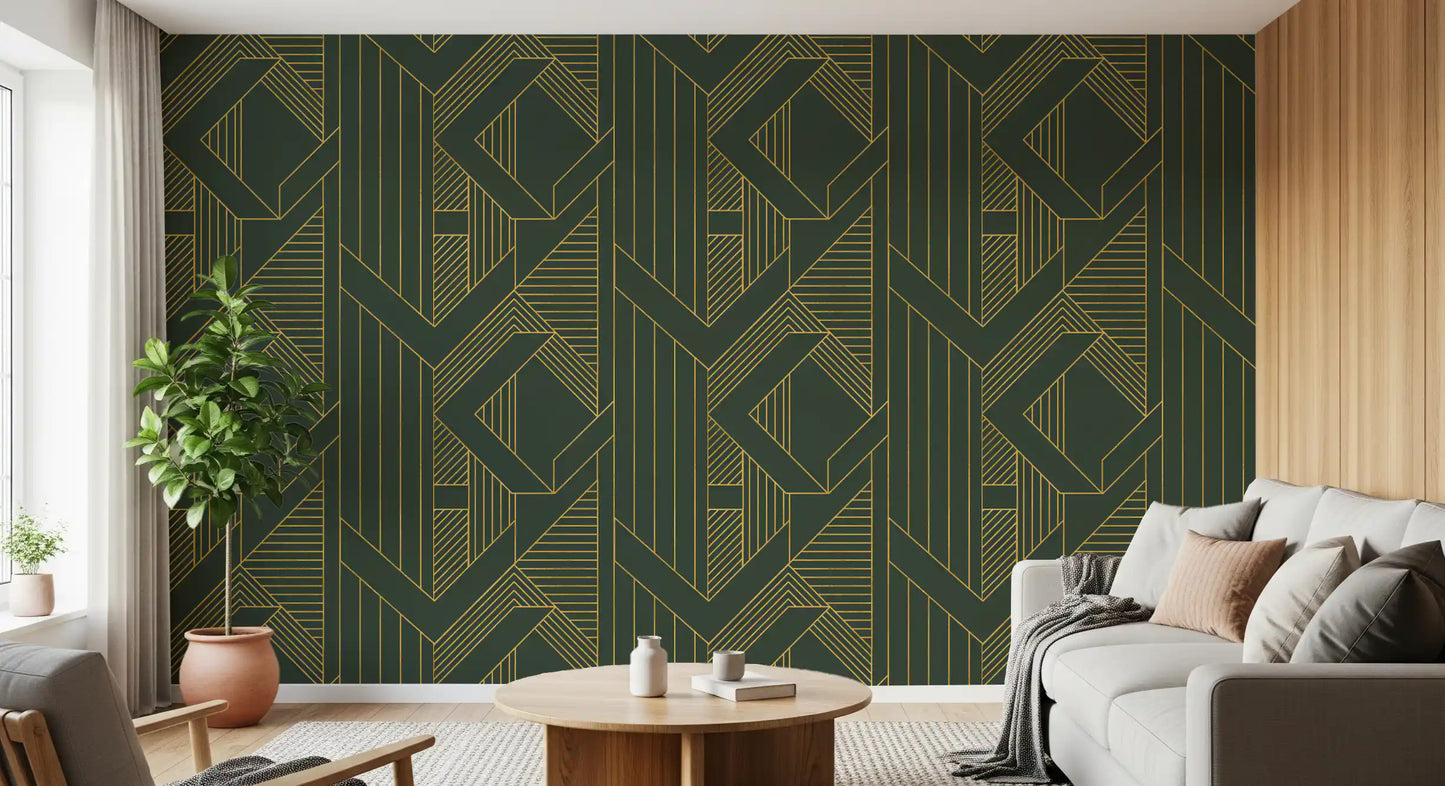 Art Deco geometric wallpaper with olive green and gold tone., GD10639