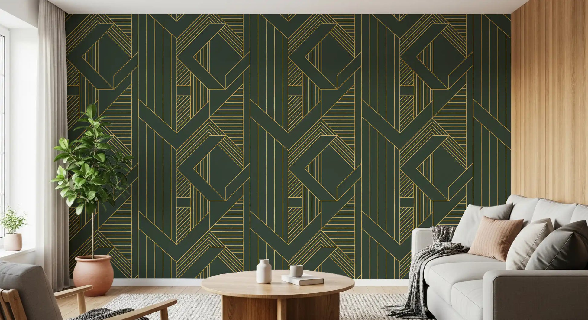 Art Deco geometric wallpaper with olive green and gold tone., GD10639