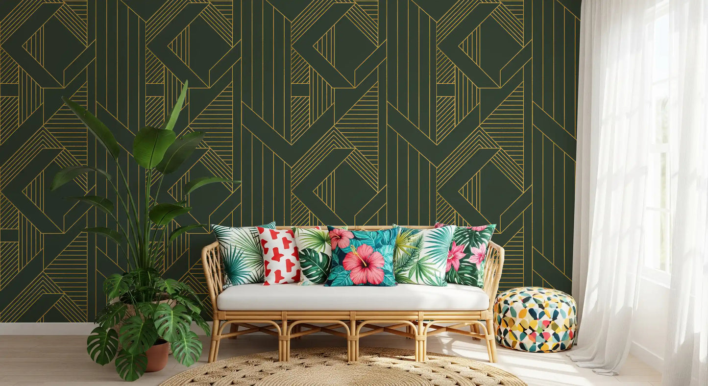 Vertical Art Deco style wallpaper with Olive green and gold chevron pattern., GD10639