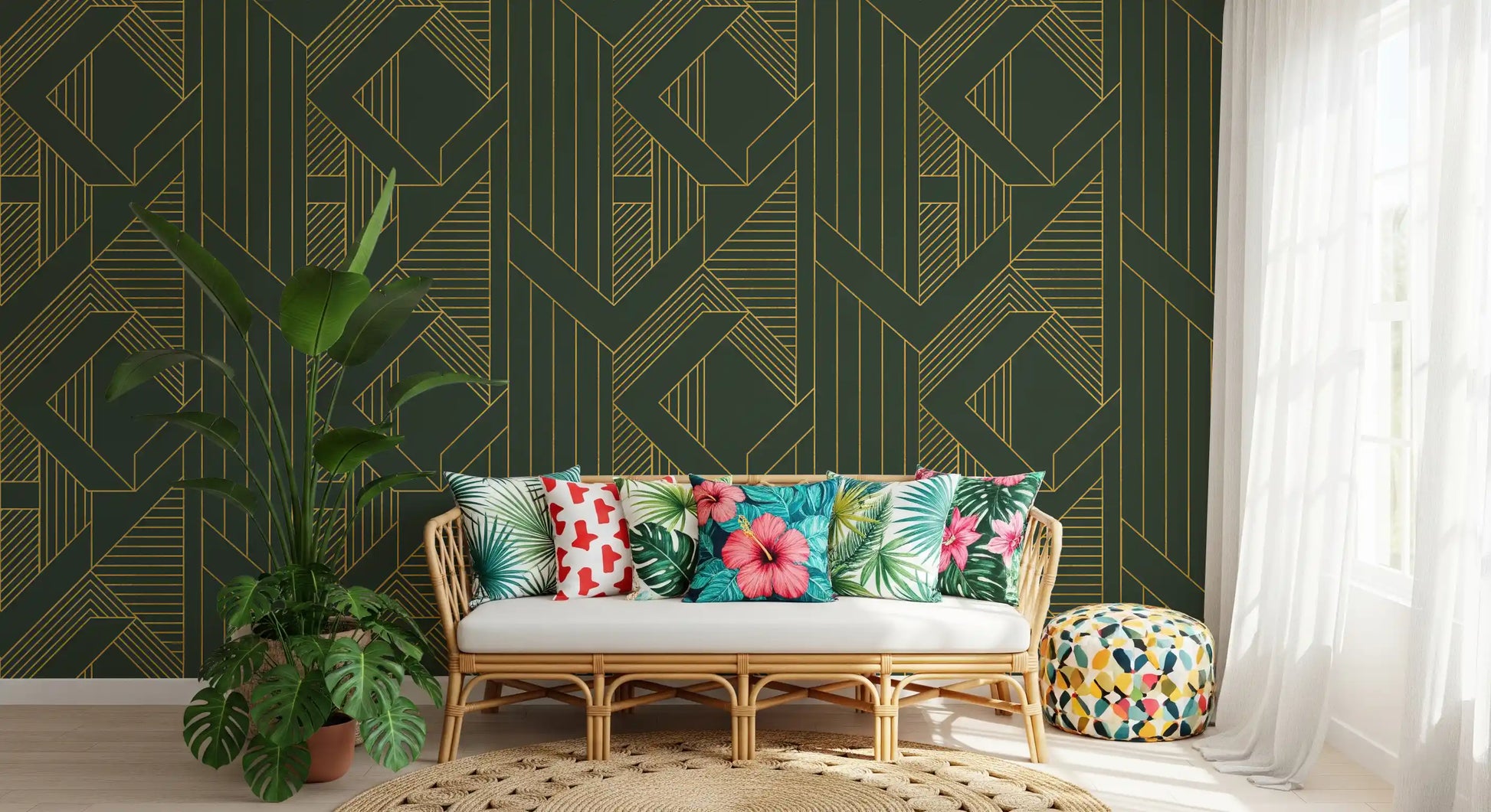 Vertical Art Deco style wallpaper with Olive green and gold chevron pattern., GD10639