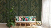 Vertical Art Deco style wallpaper with Olive green and gold chevron pattern., GD10639