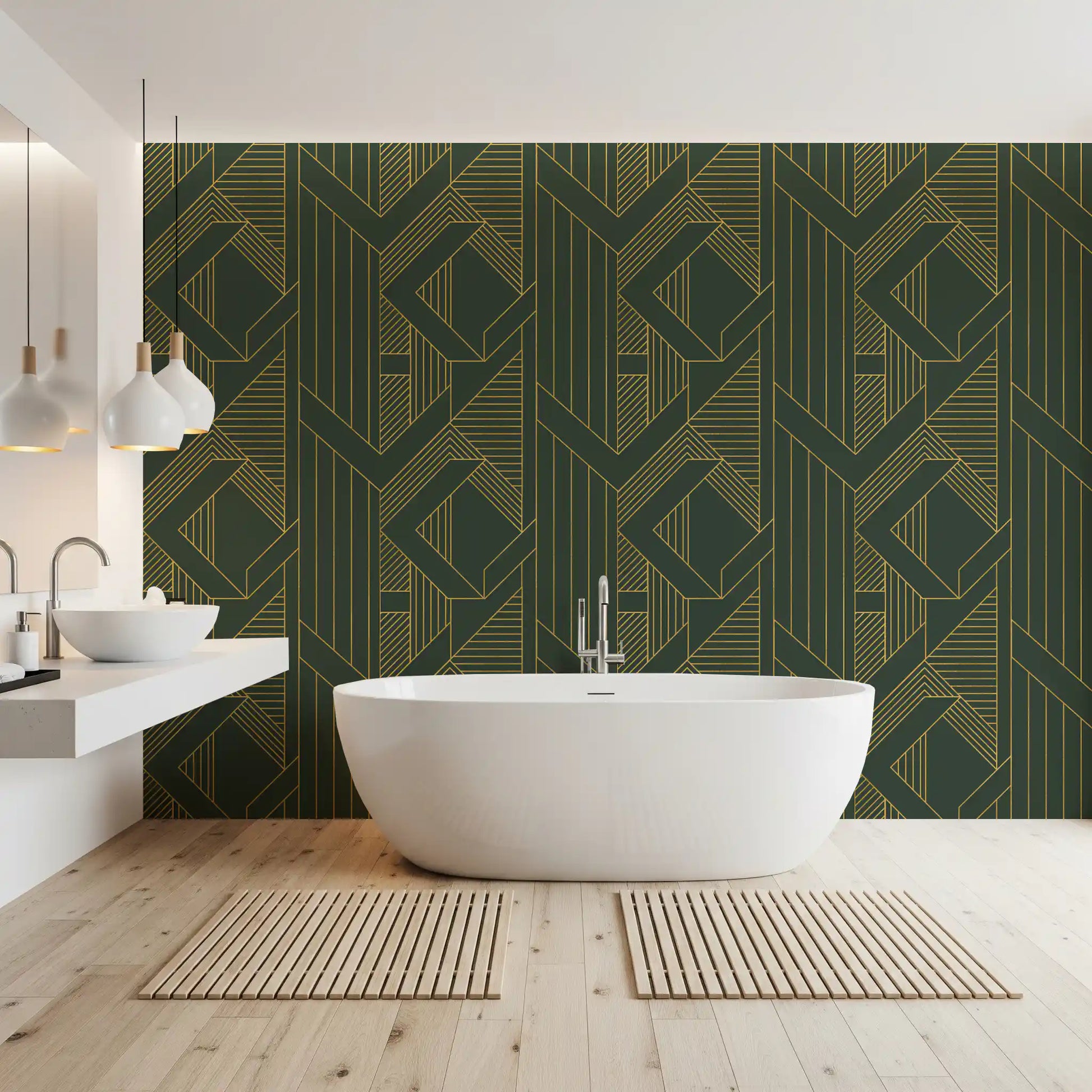 Vertical olive green wallpaper with intersecting gold geometric bands in bathroom., GD10639