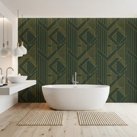 Vertical olive green wallpaper with intersecting gold geometric bands in bathroom., GD10639