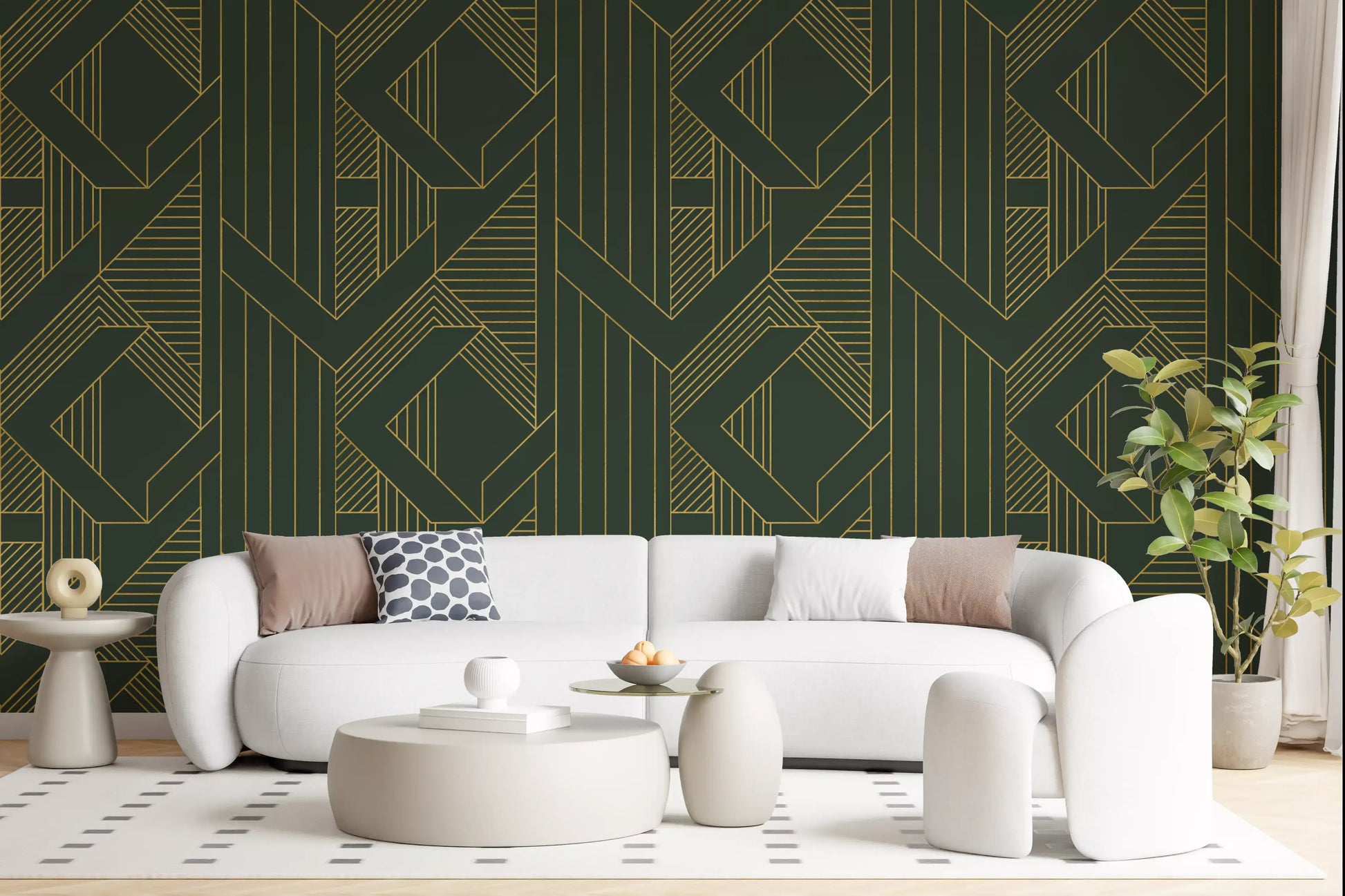 Living room wall covered in olive green and gold geometric wallpaper., GD10639