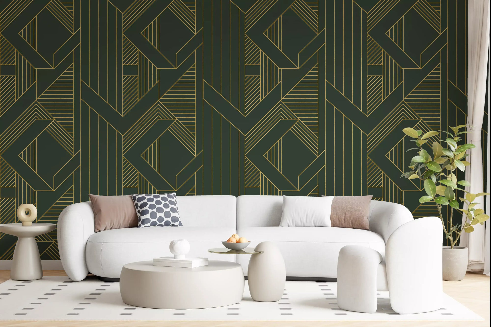 Living room wall covered in olive green and gold geometric wallpaper., GD10639
