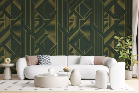 Living room wall covered in olive green and gold geometric wallpaper., GD10639