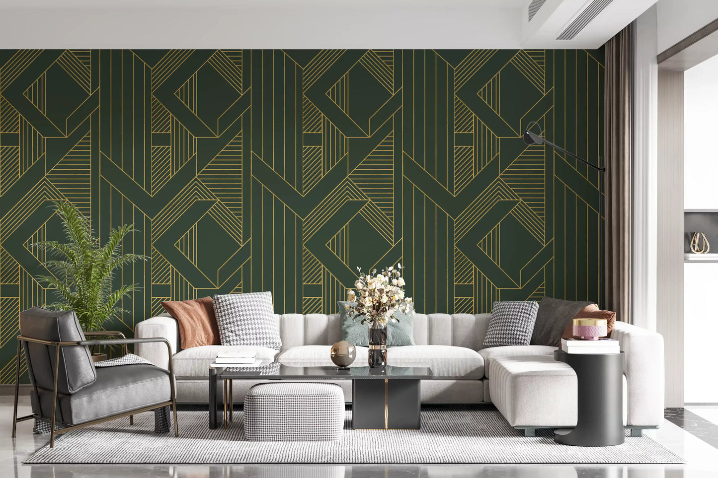Geometric wallpaper with Gold diamond shapes on dark olive green background., GD10639