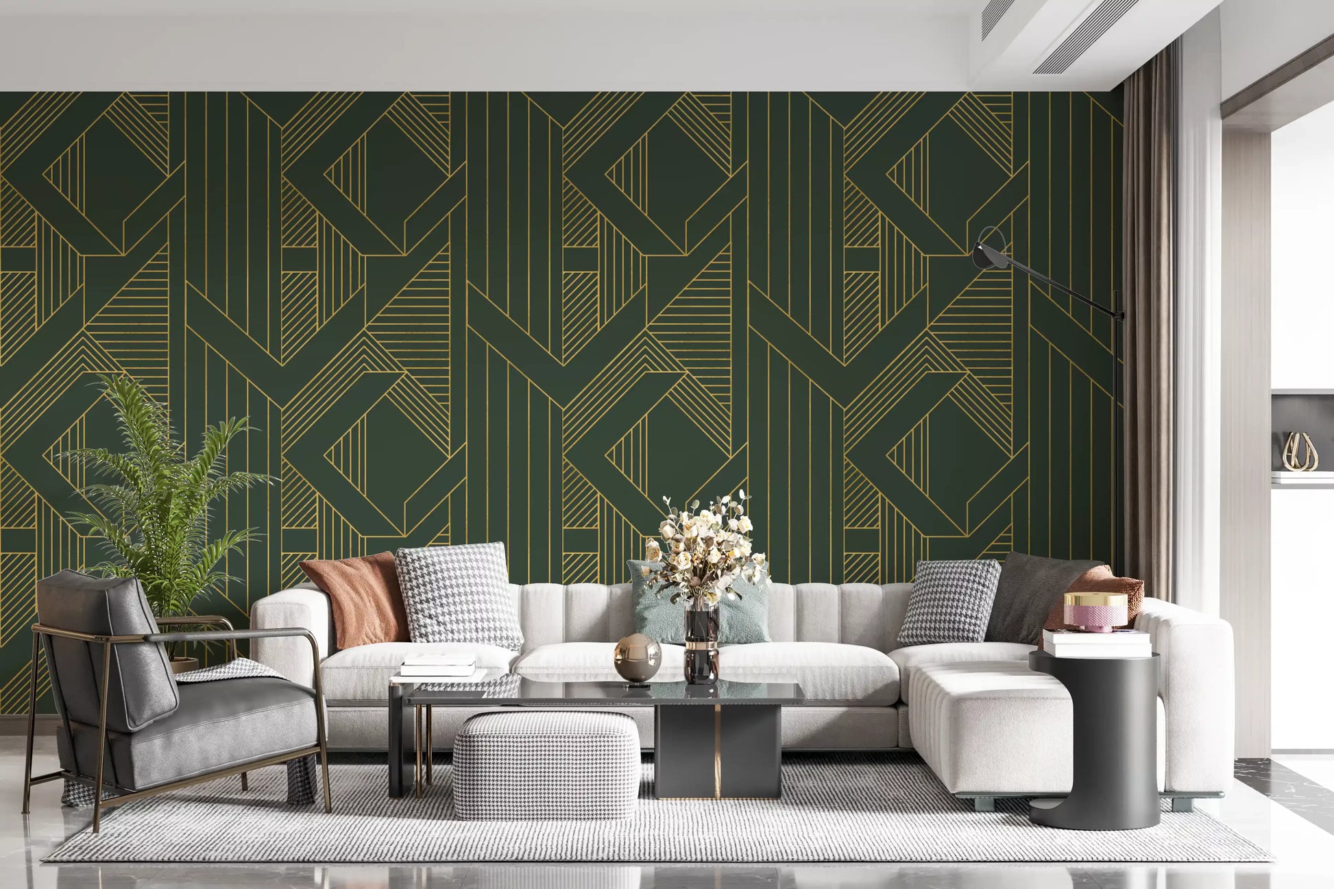 Geometric wallpaper with Gold diamond shapes on dark olive green background., GD10639