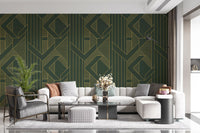 Geometric wallpaper with Gold diamond shapes on dark olive green background., GD10639