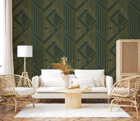 Living room wall featuring olive green and gold Art Deco geometric wallpaper., GD10639