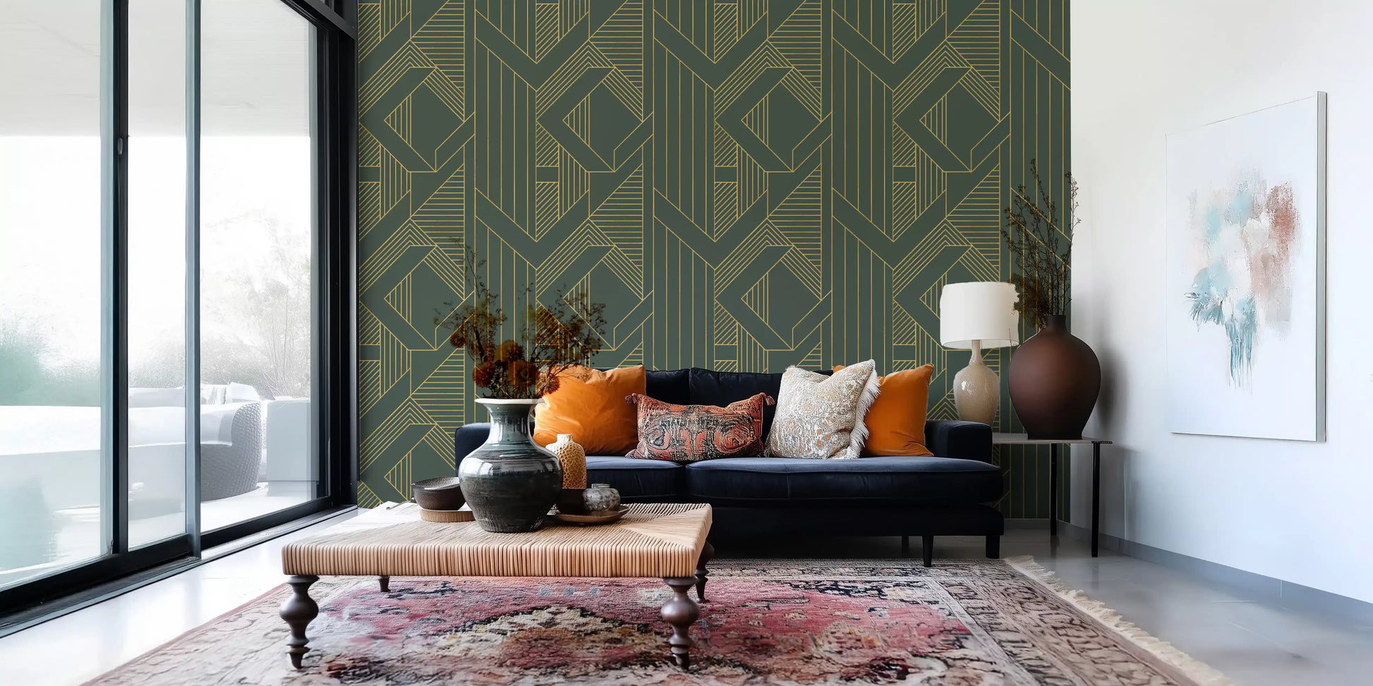 Olive green wallpaper with metallic gold linework in repeating geometric motifs., GD10639