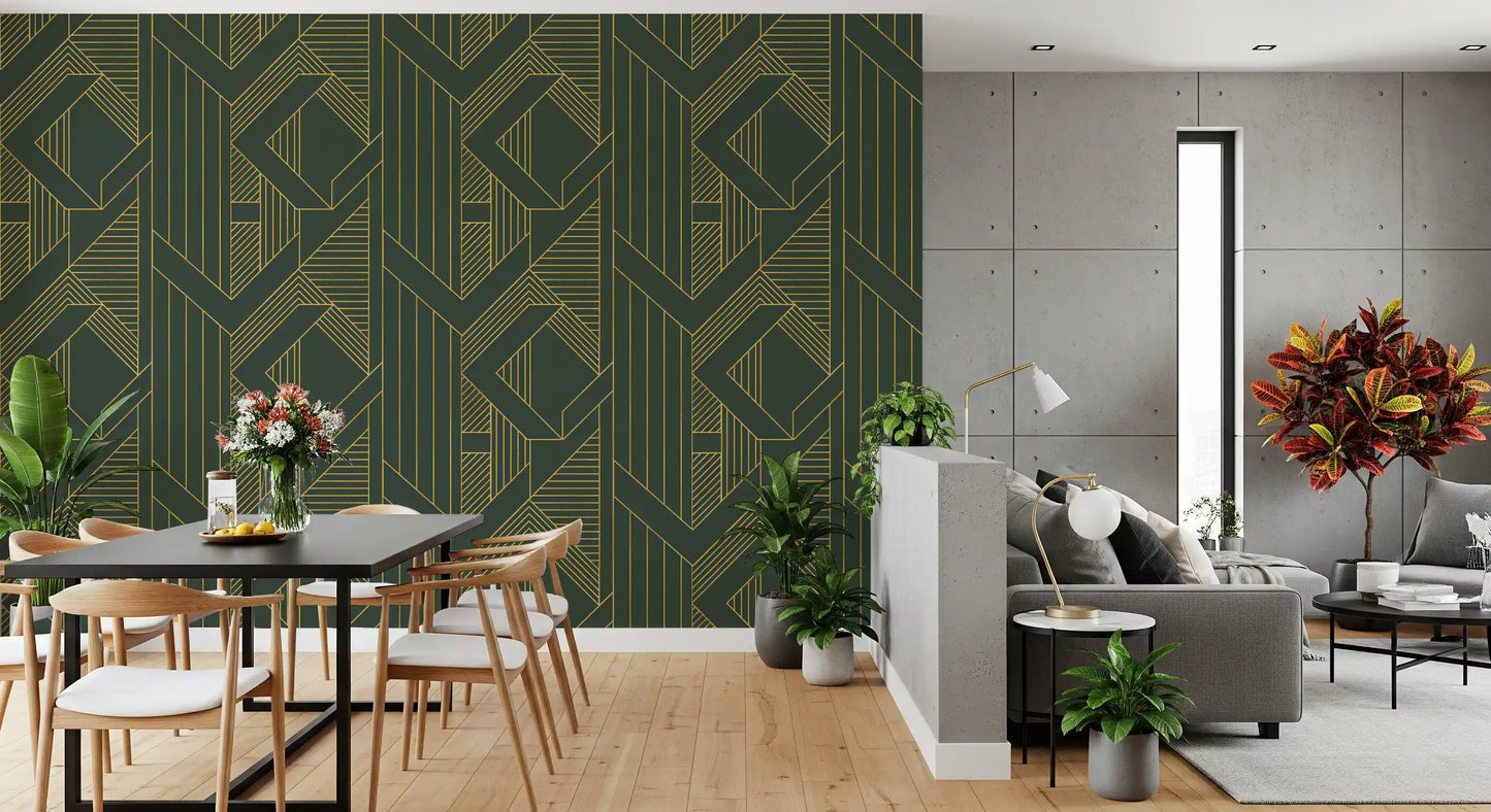 Olive green wallpaper showing gold diamond and triangular geometric pattern., GD10639