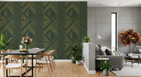 Olive green wallpaper showing gold diamond and triangular geometric pattern., GD10639