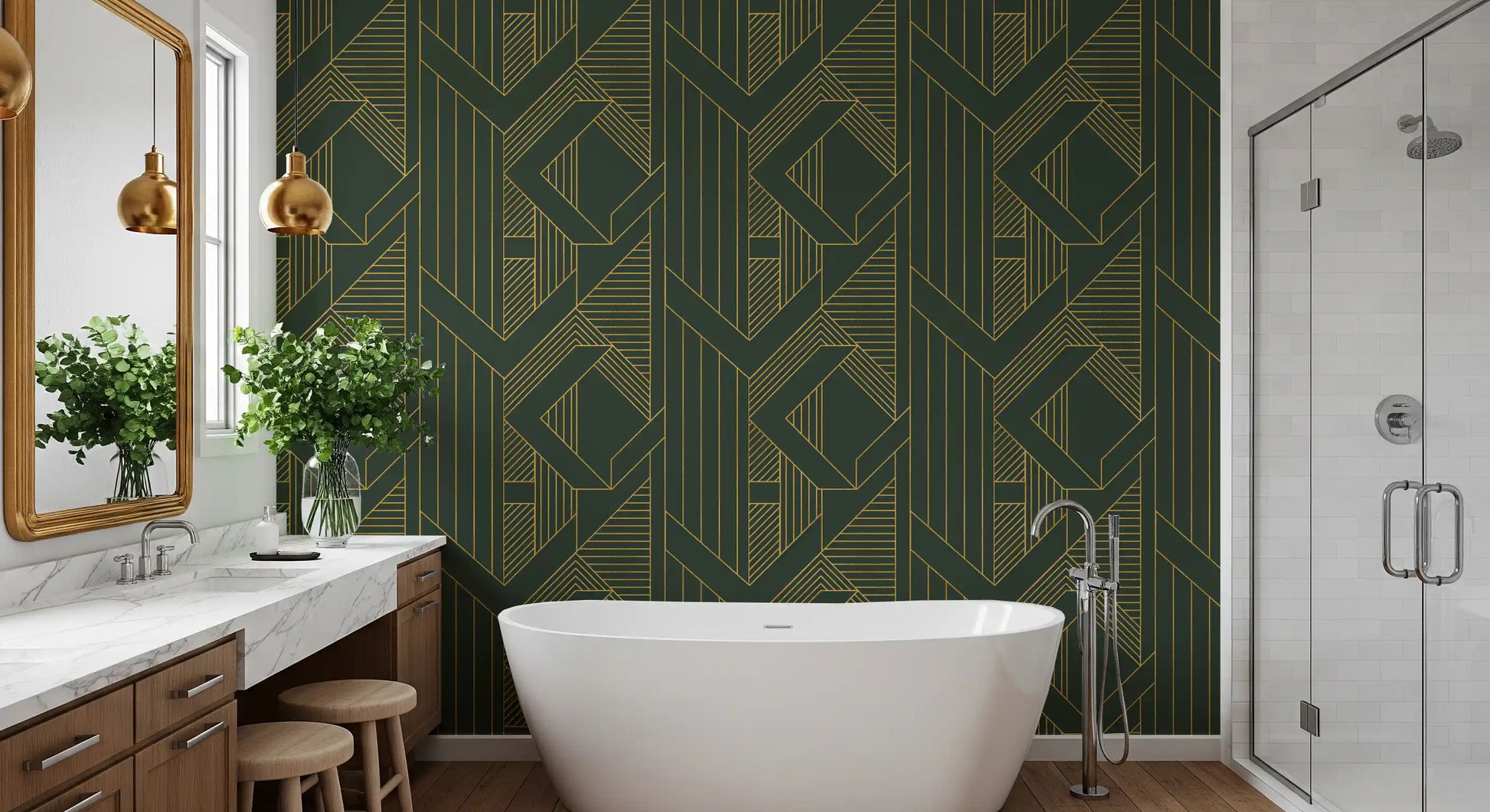 Olive green wallpaper with metallic gold Art Deco lines forming layered diamonds., GD10639
