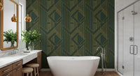 Olive green wallpaper with metallic gold Art Deco lines forming layered diamonds., GD10639