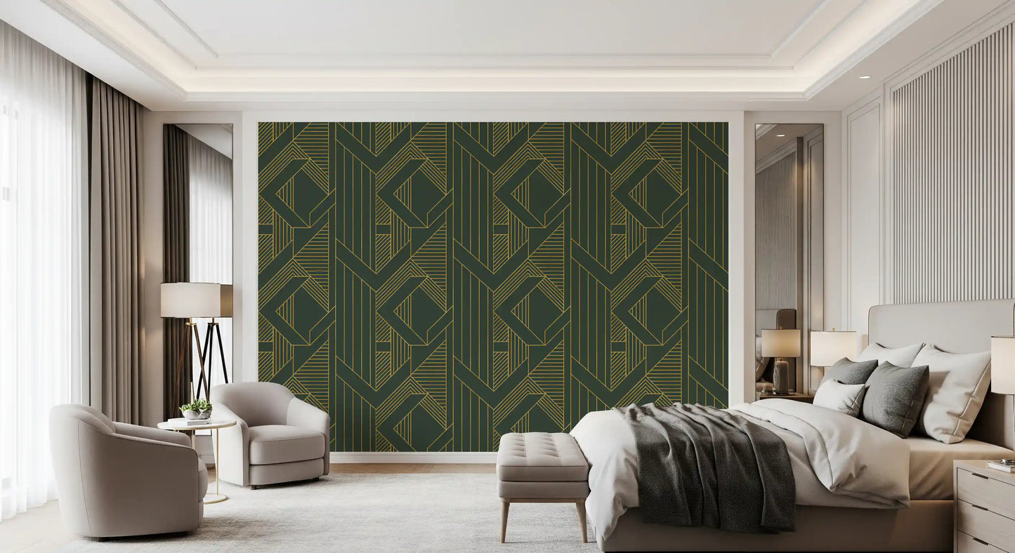 Repeating gold geometric lines on deep olive green background wallpaper for bedroom., GD10639