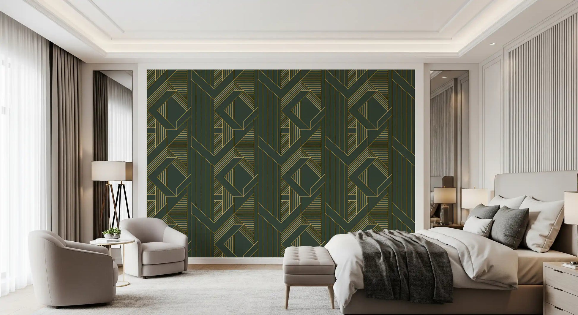 Repeating gold geometric lines on deep olive green background wallpaper for bedroom., GD10639