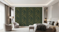 Repeating gold geometric lines on deep olive green background wallpaper for bedroom., GD10639