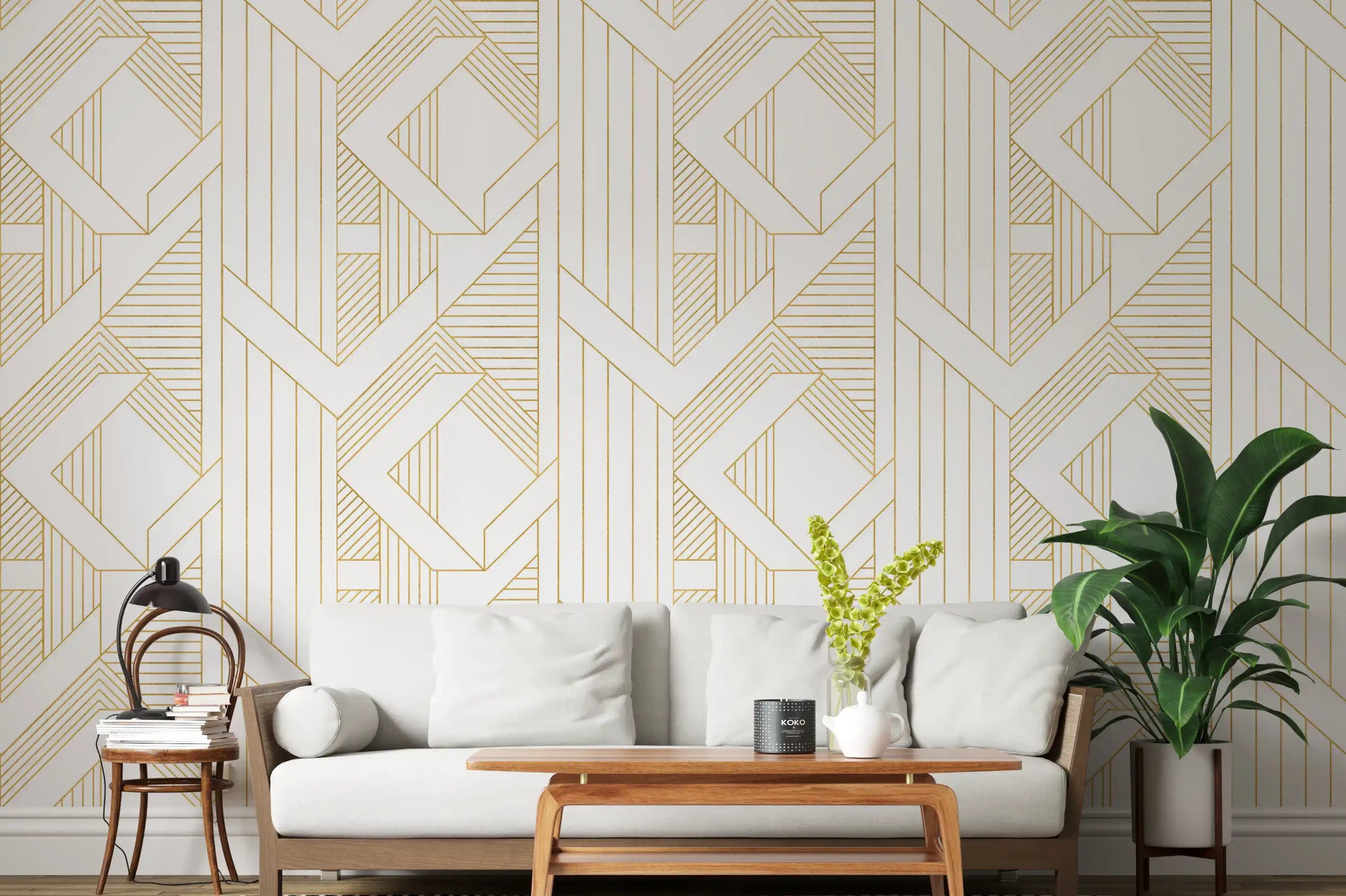 Living room wall featuring white and gold Art Deco geometric wallpaper., GD10640
