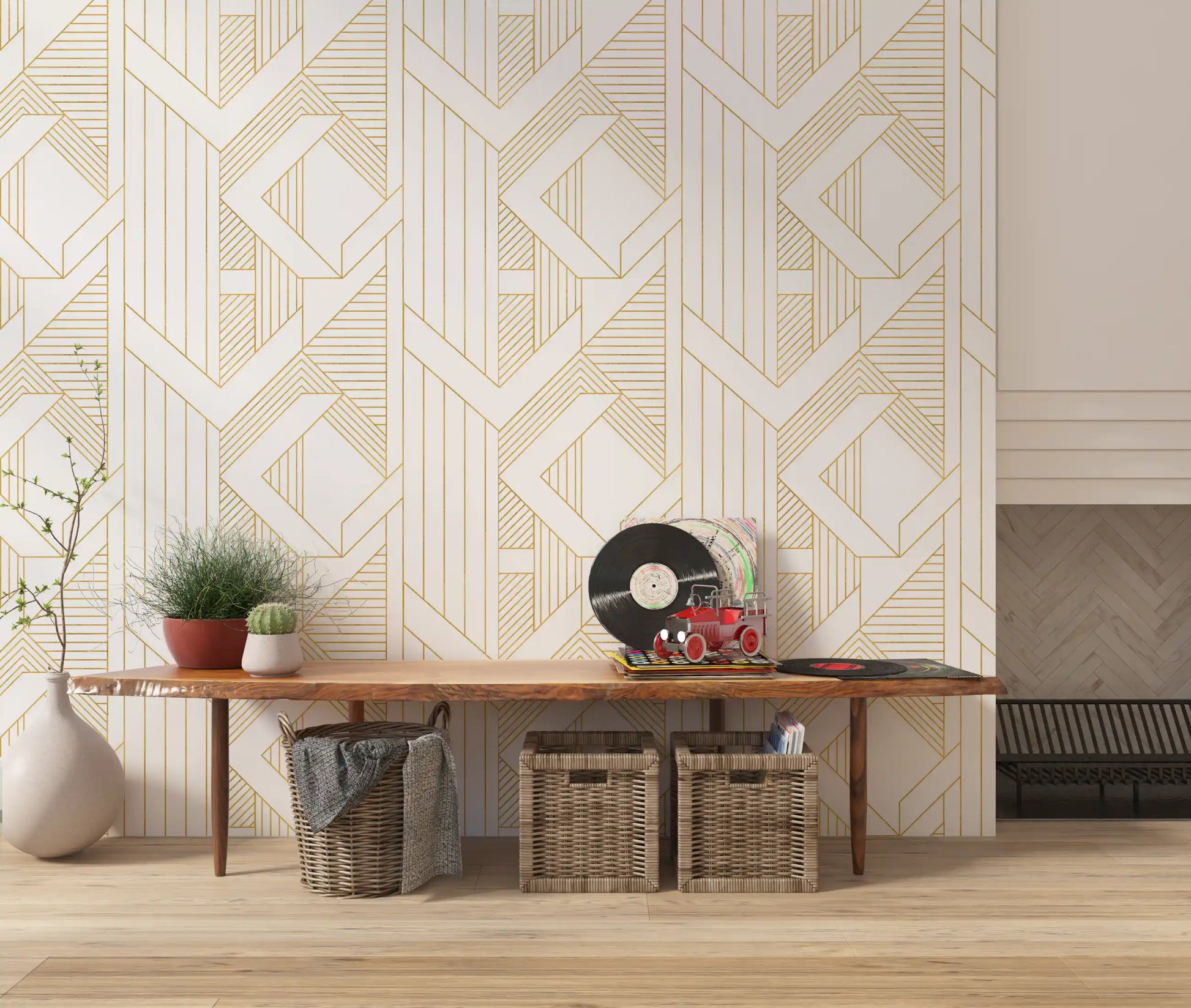 Metallic gold Art Deco lines wallpaper with layered diamonds on white background., GD10640