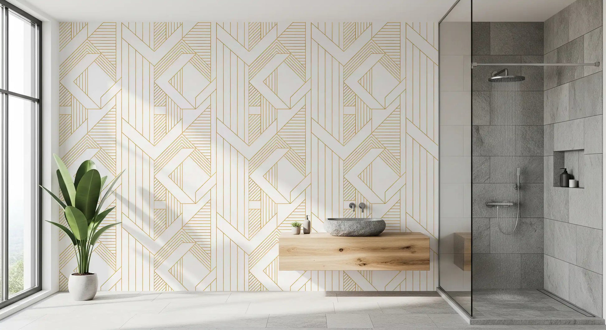 Vertical white wallpaper panel with intersecting gold geometric band., GD10640