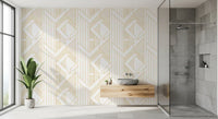 Vertical white wallpaper panel with intersecting gold geometric band., GD10640