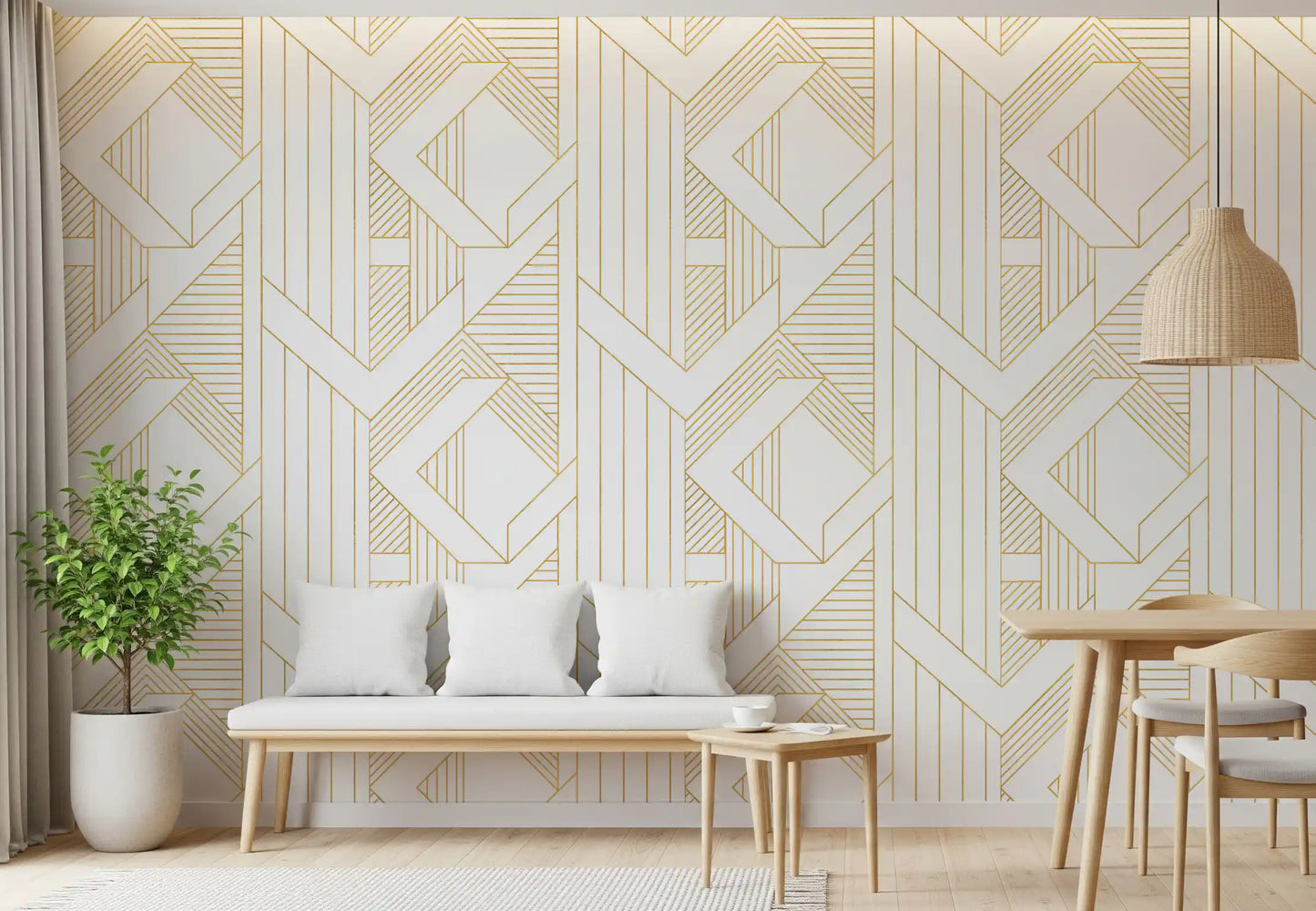 Art Deco geometric wallpaper in dining room with gold diamond shapes on white., GD10640