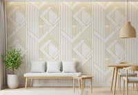 Art Deco geometric wallpaper in dining room with gold diamond shapes on white., GD10640