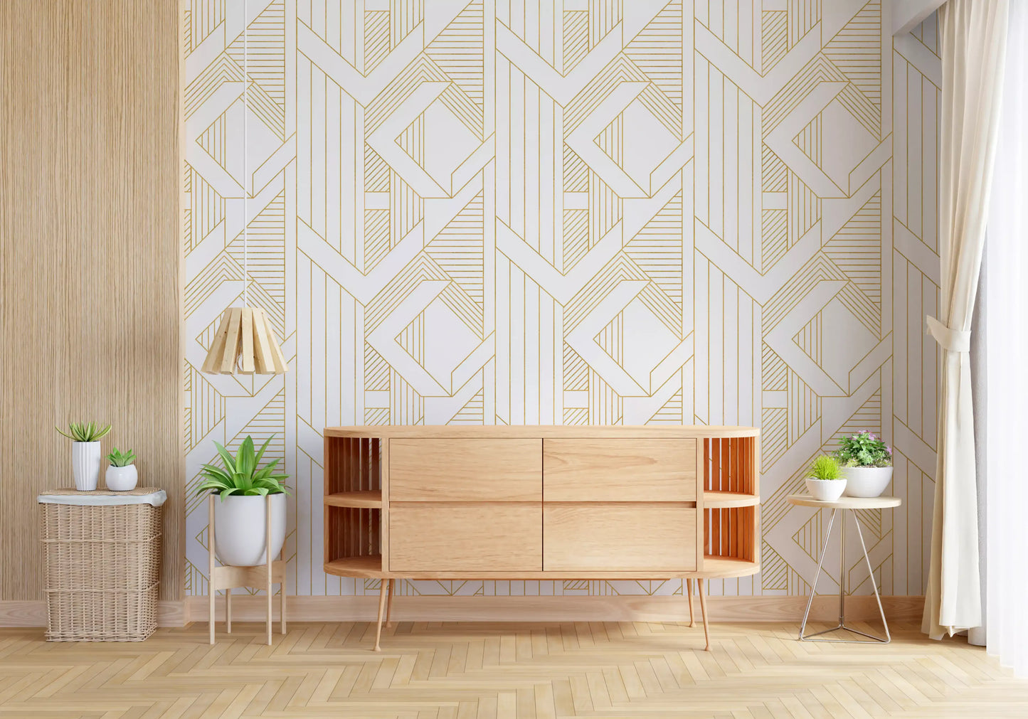 Vertical art deco style wallpaper with White and gold chevron pattern., GD10640