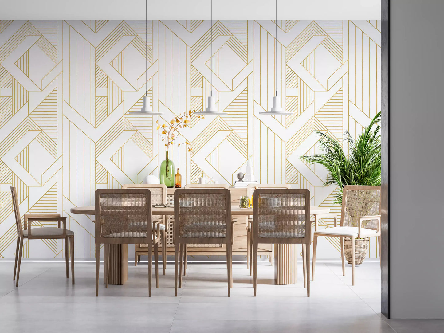 Dining room wall covered in white and gold geometric wallpaper., GD10640