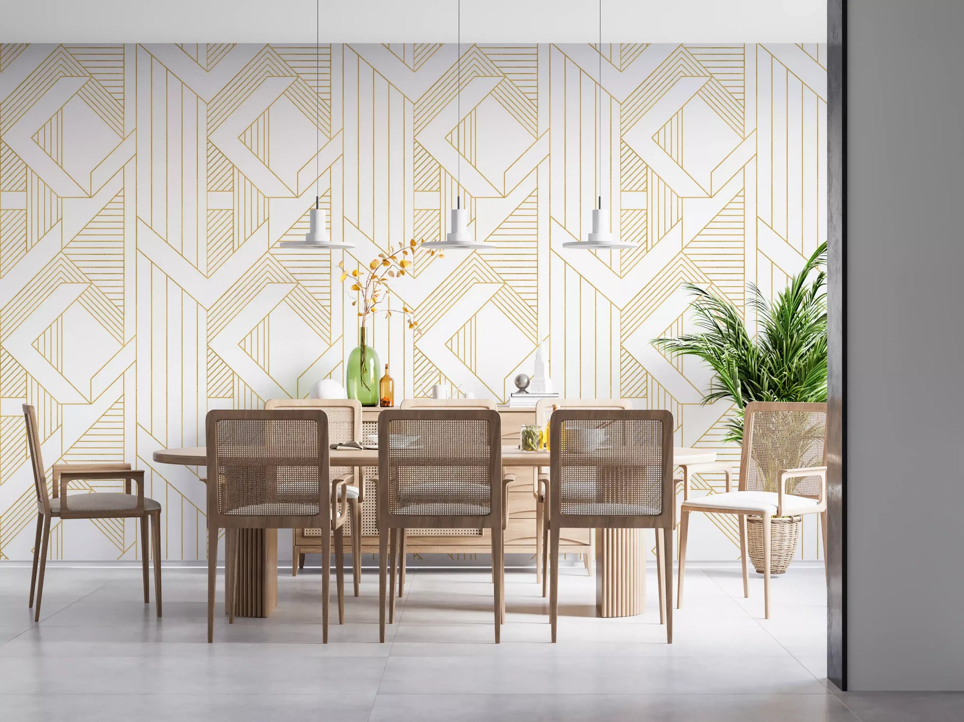 Dining room wall covered in white and gold geometric wallpaper., GD10640