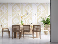 Dining room wall covered in white and gold geometric wallpaper., GD10640
