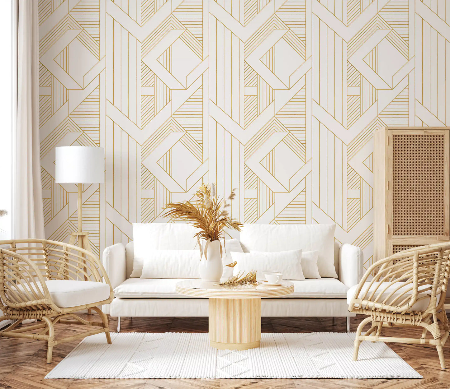 White and gold Art Deco geometric wallpaper in living room., GD10640